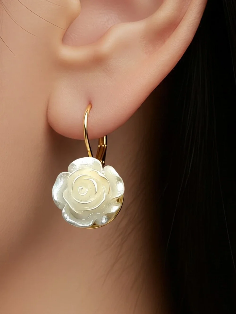 Ivory Camellia Rose Flower Earrings Gold Leverback Bridal Wedding Romantic Glam